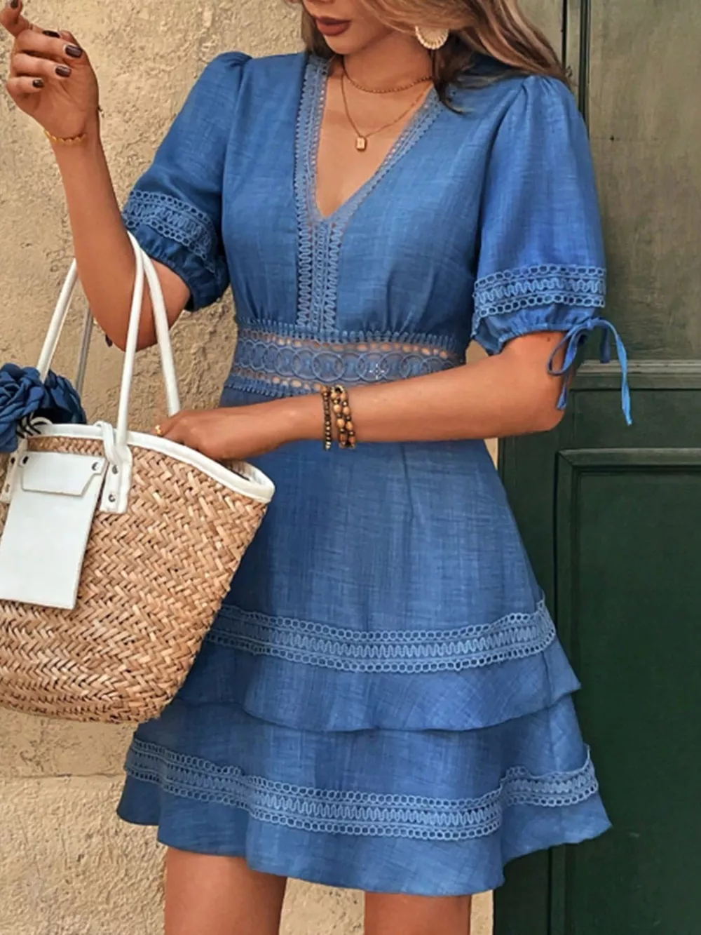 Lace Detail V-Neck Mini Dress, image 11