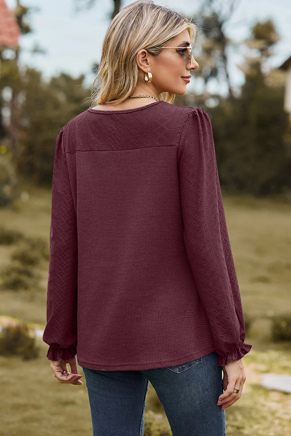 Eyelet Round Neck Flounce Sleeve T-Shirt, image 3