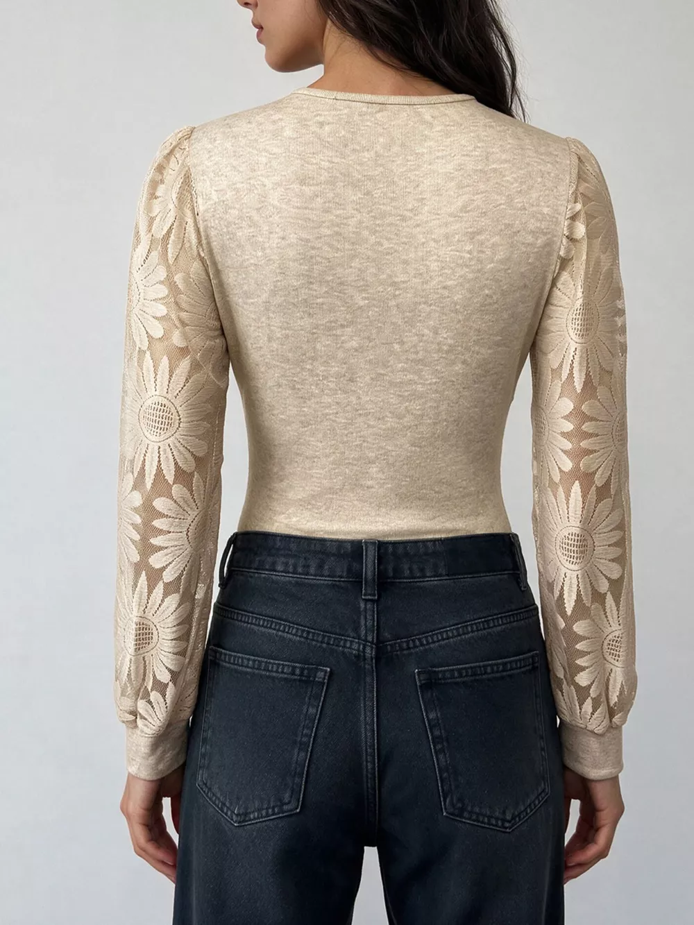 V-Neck Lace Trim Floral Mesh Sleeve Bodysuit, image 8