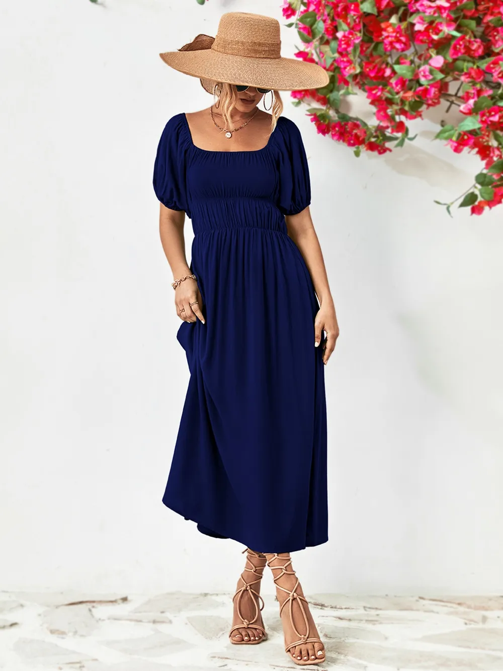 Off-Shoulder Puff Sleeve Smocked Maxi Dress, image 14