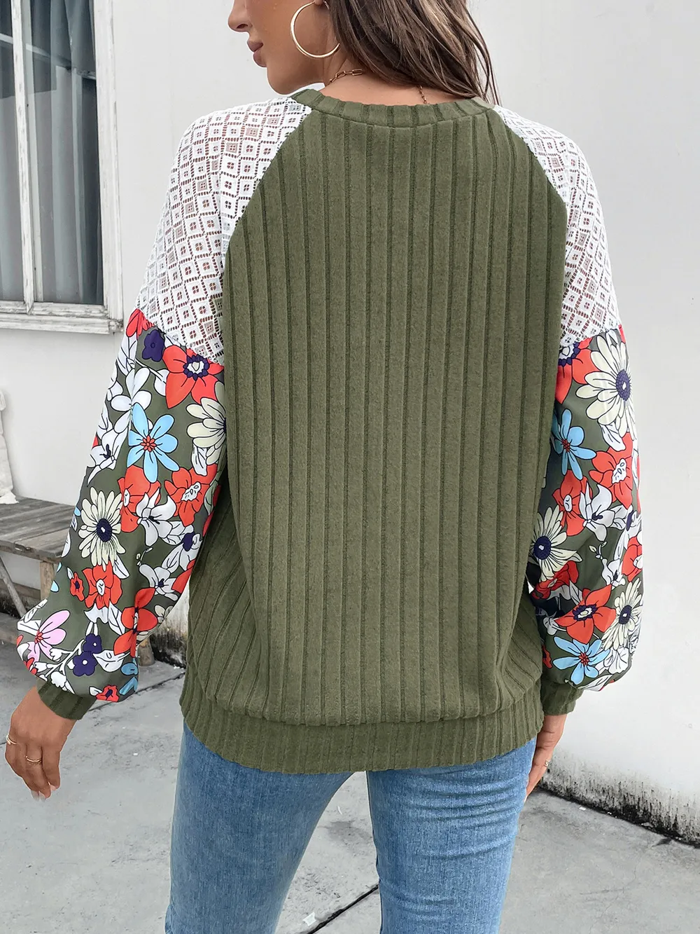 Printed Round Neck Long Sleeve Knit Top, image 2