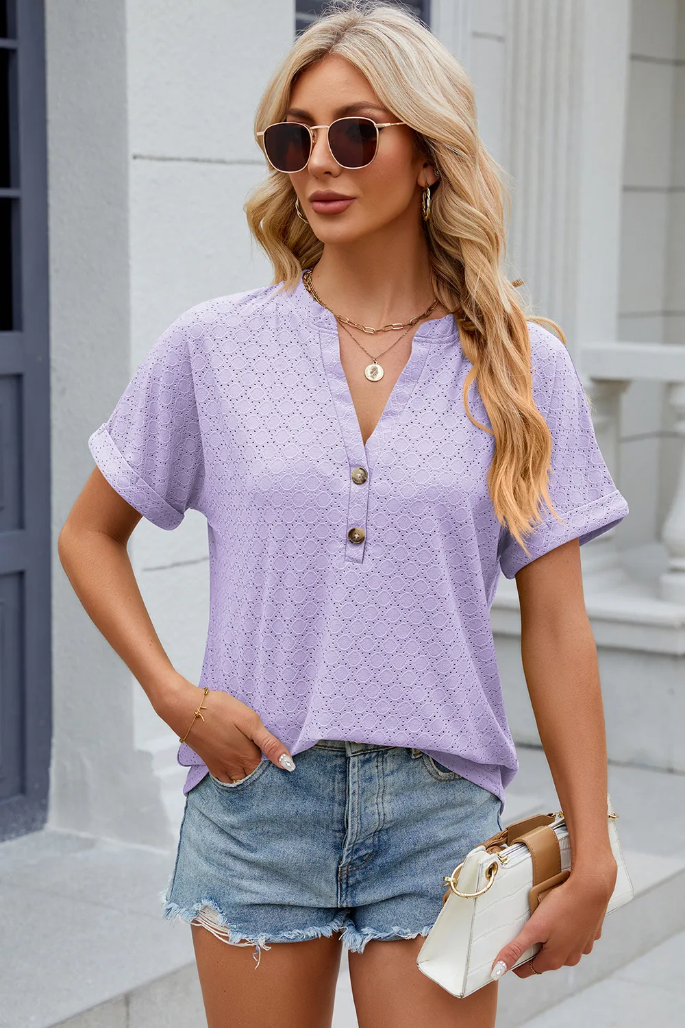 Eyelet Notched Short Sleeve T-Shirt, image 19