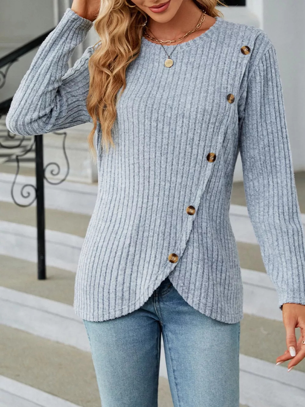 Ribbed Knit Decor Button T-Shirt, image 3