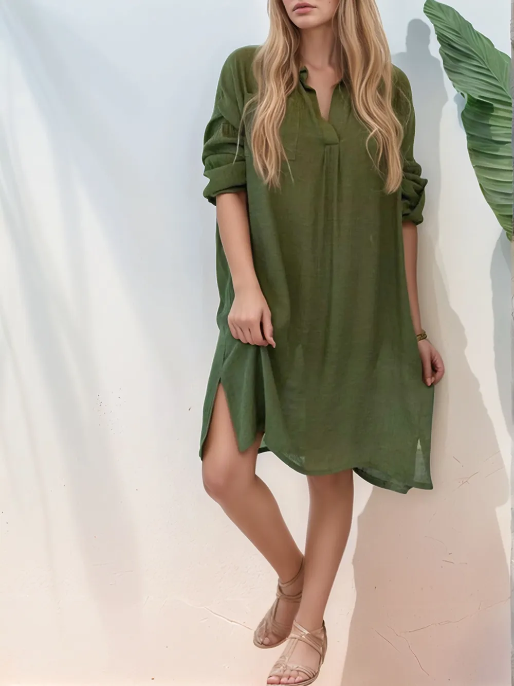 Full Size Side Slit Roll-Tab Sleeve Mini Shirt Dress Plus Size, image 8