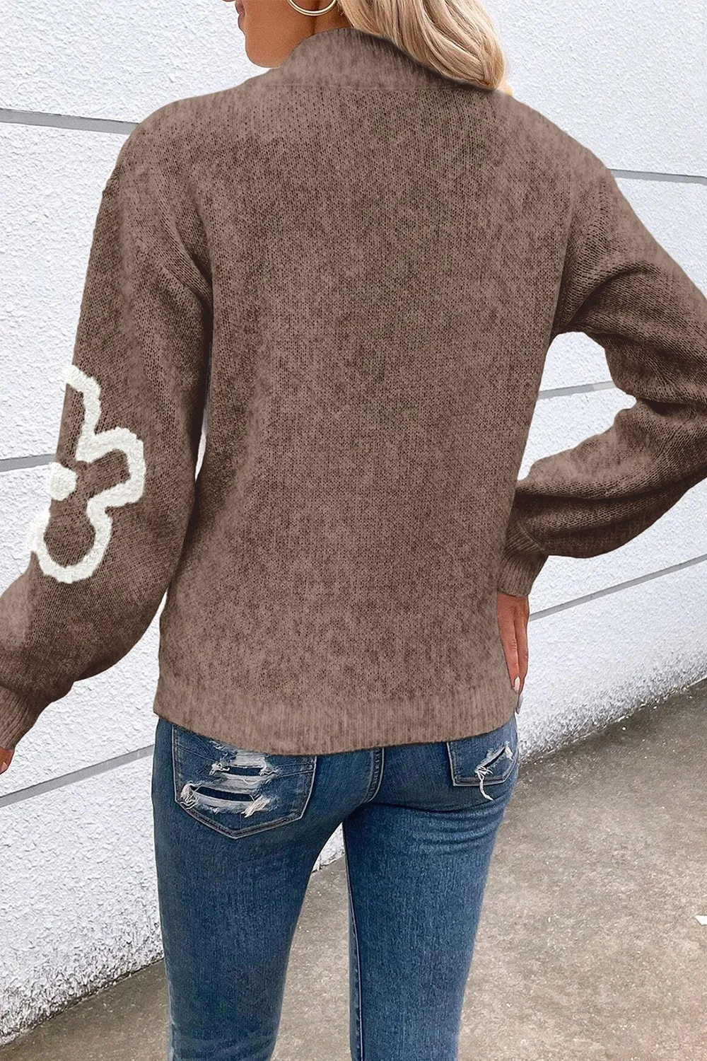 Flower Half Zip Dropped Shoulder Sweater, image 5
