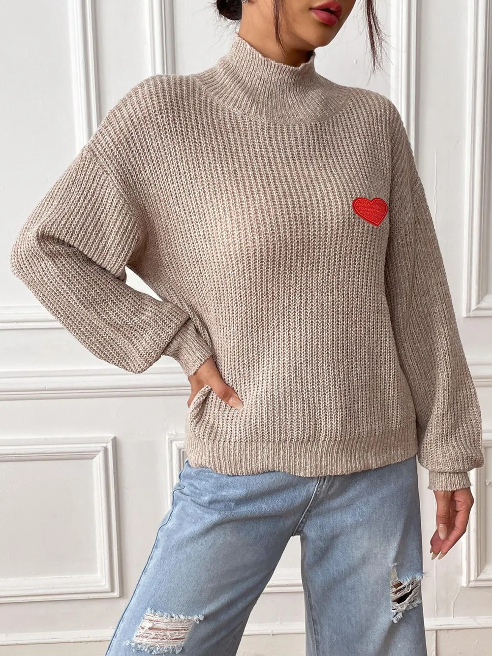 Heart Turtleneck Dropped Shoulder Long Sleeve Sweater, image 5