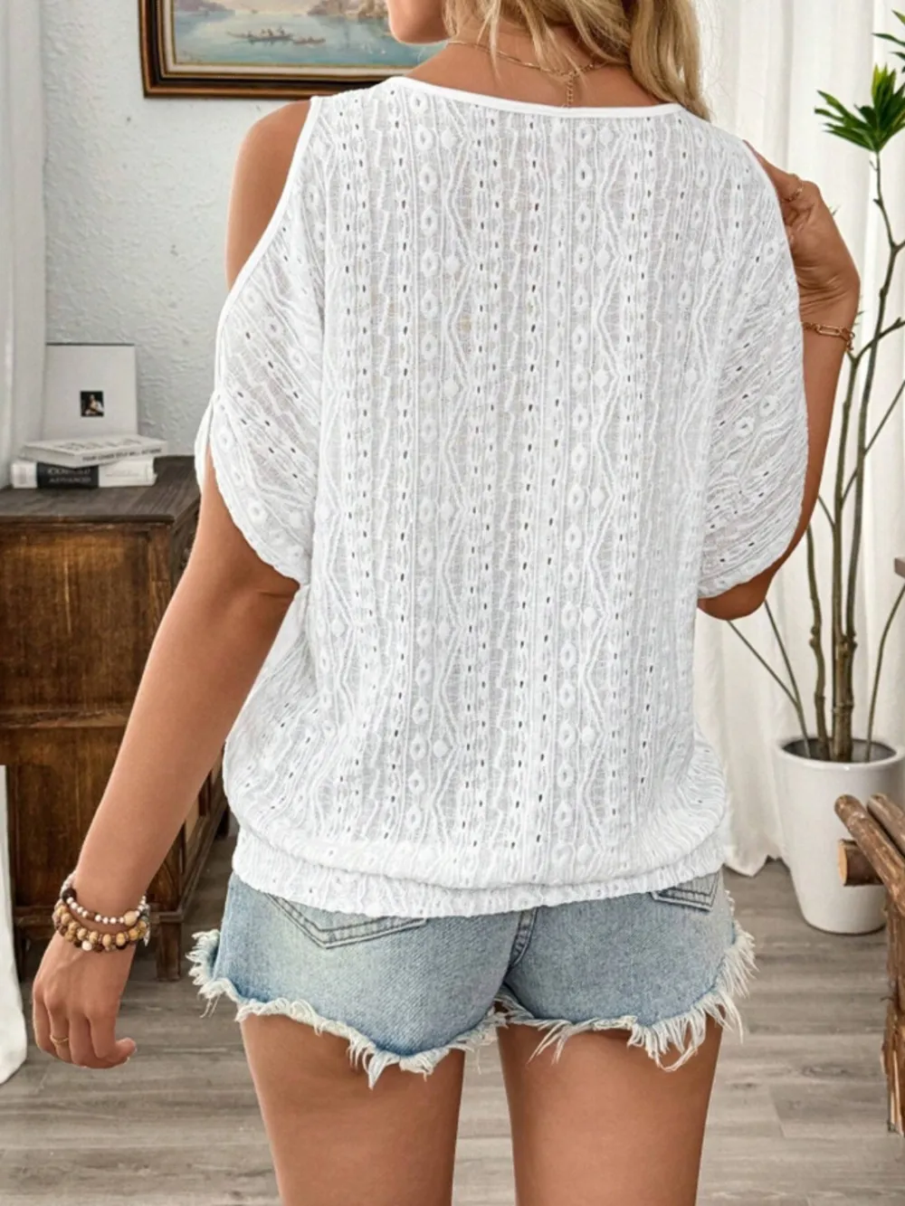 Eyelet Cold Shoulder Round Neck Blouse, image 14