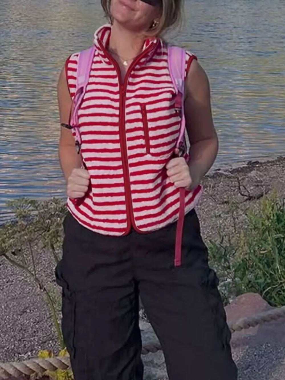 Striped Fleece Zip-Up Vest Coat, image 7