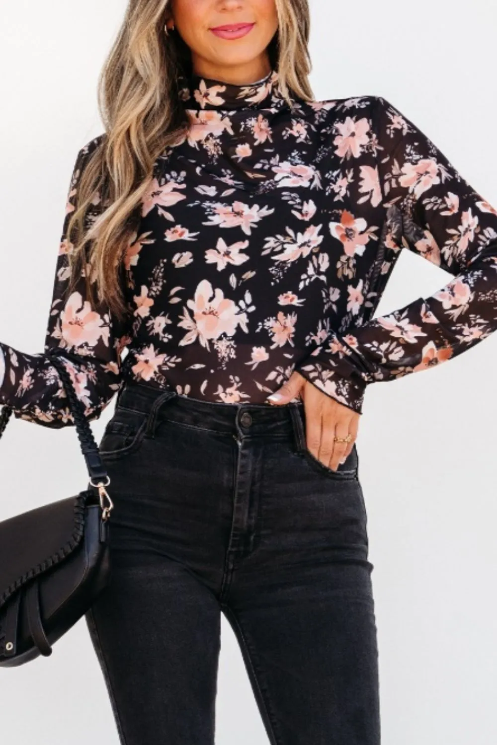 Floral Mock Neck Long Sleeve Blouse, image 9