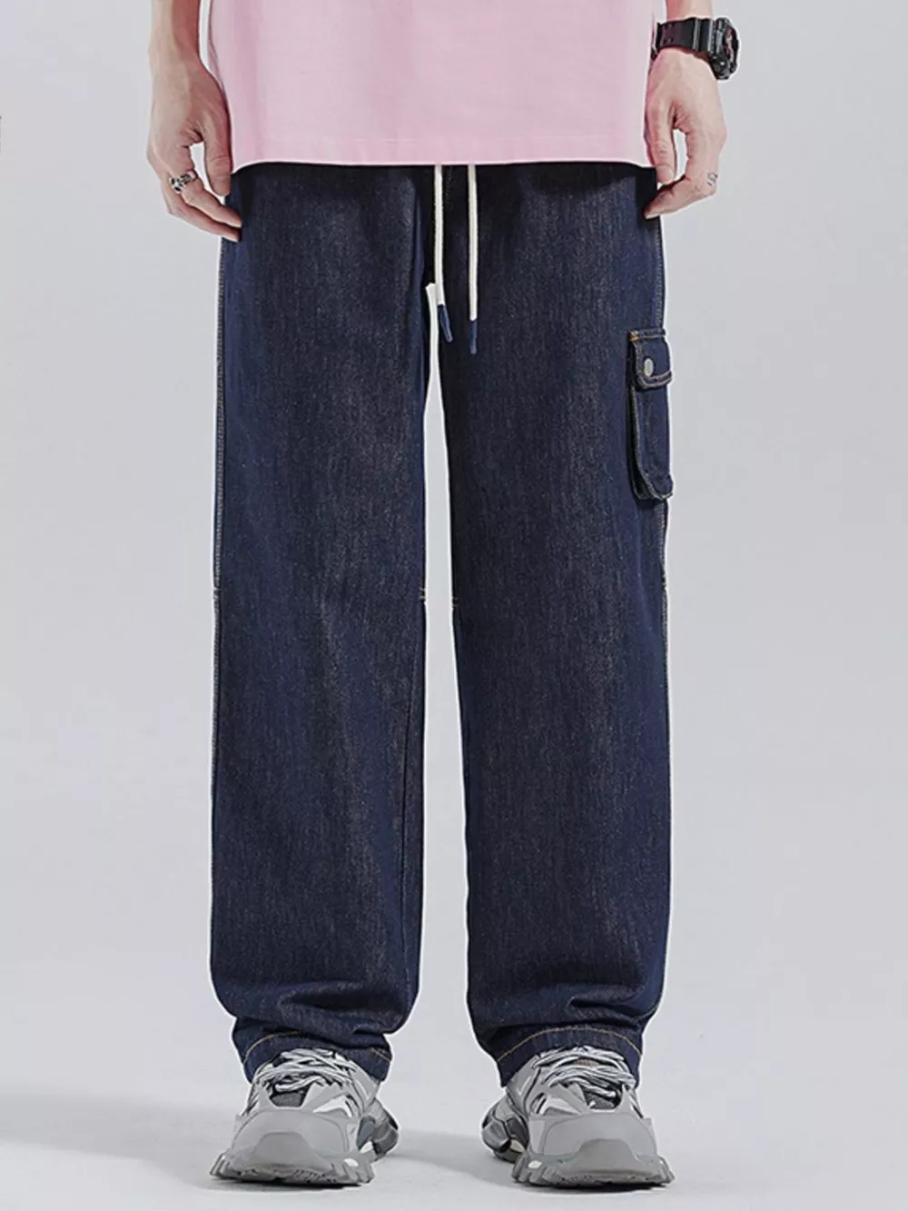Men's Drawstring Washed Wide Leg Jeans