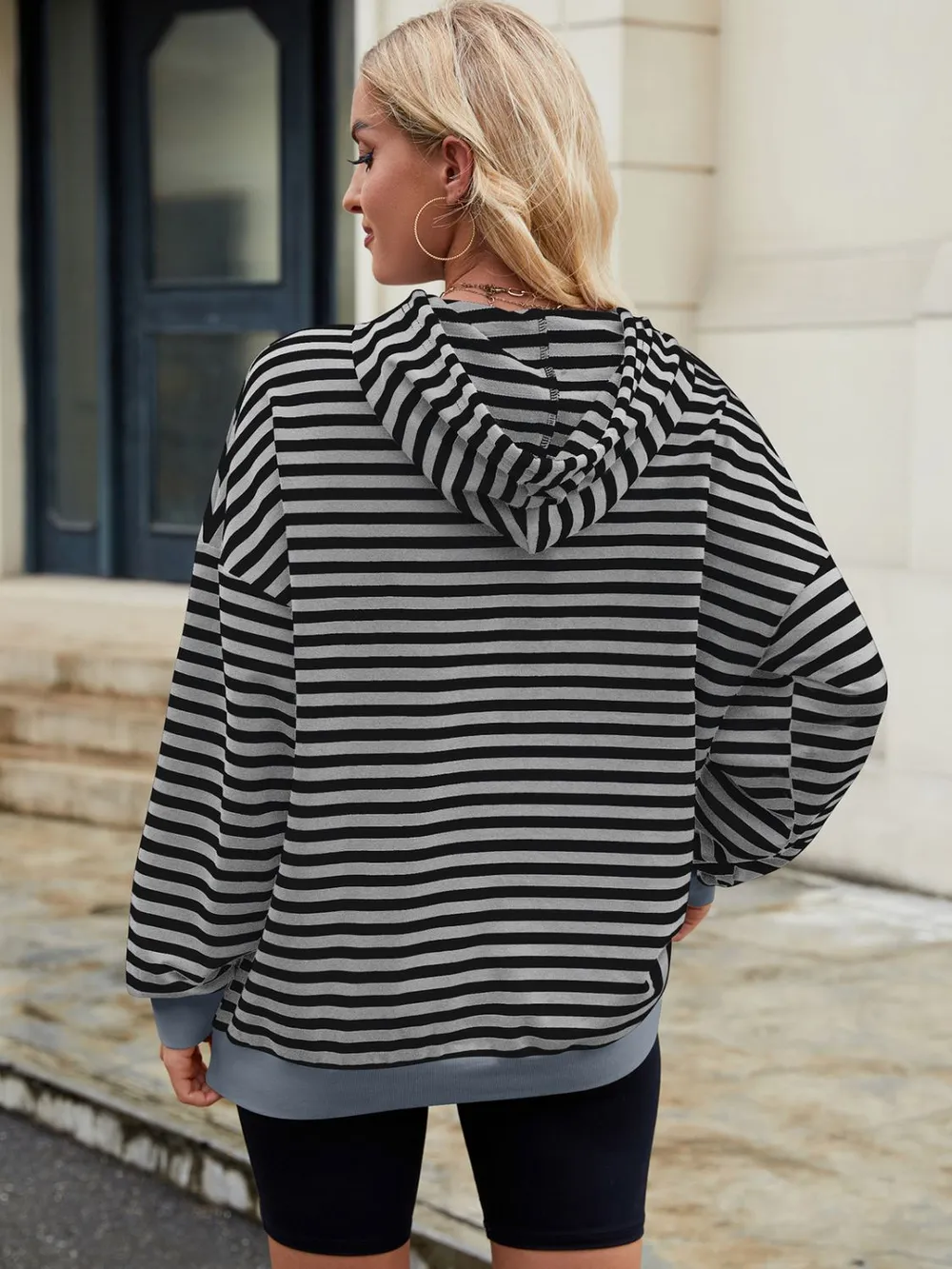 Drawstring Contrast Striped Long Sleeve Hoodie, image 12