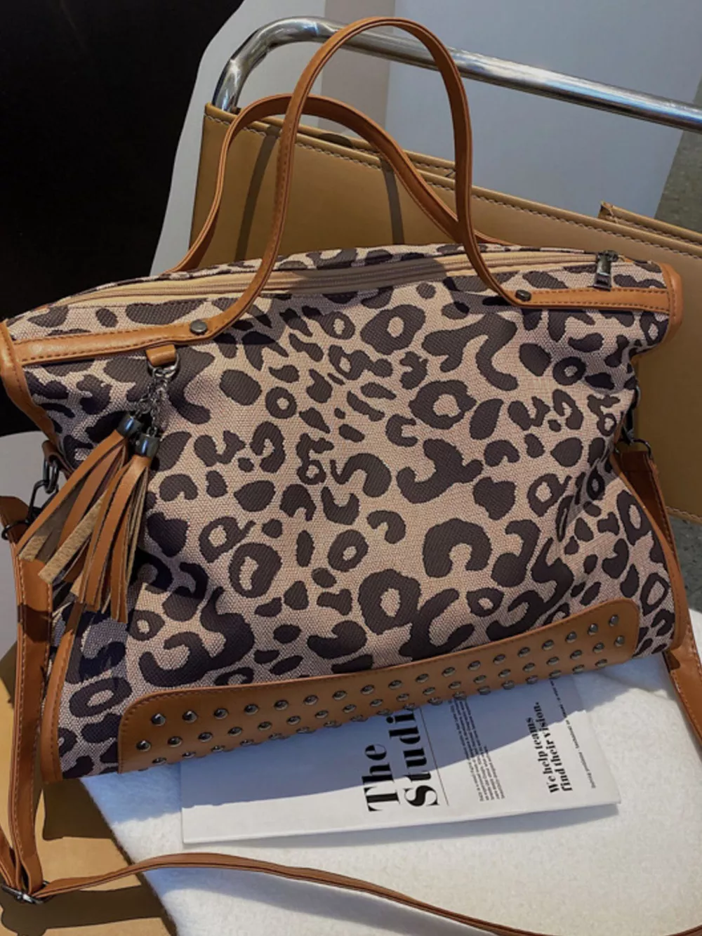 Leopard Studded Tote Bag, image 6