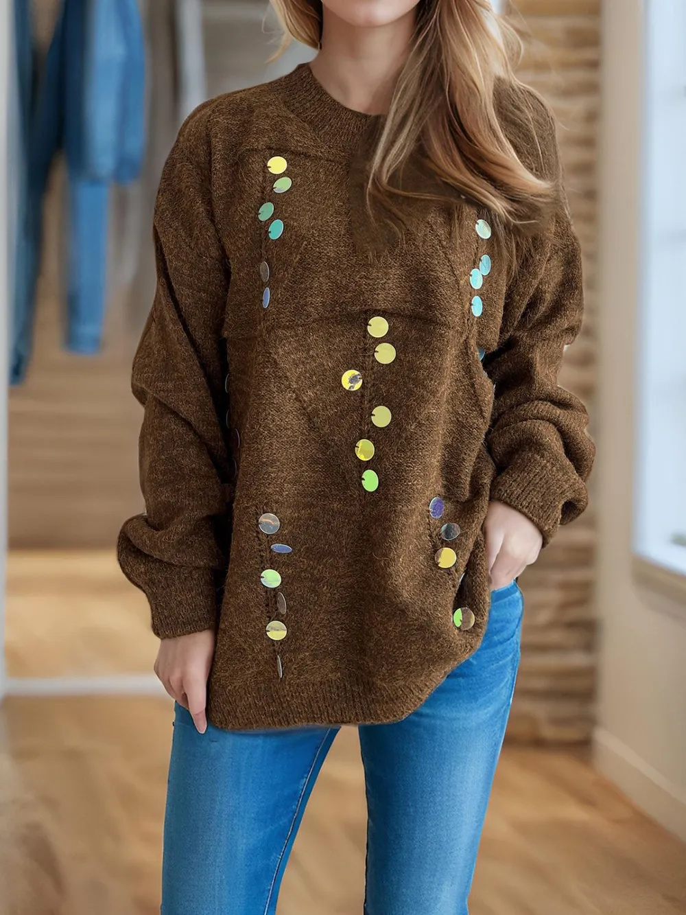 Sequin Mock Neck Long Sleeve Sweater, image 7