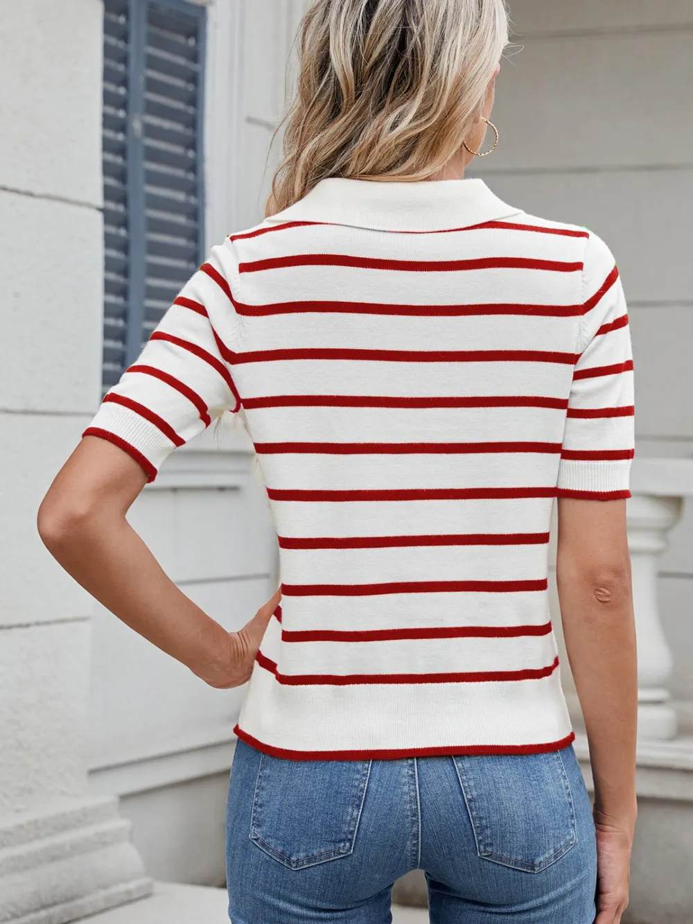 Striped Johnny Collar Short Sleeve Sweater, image 12