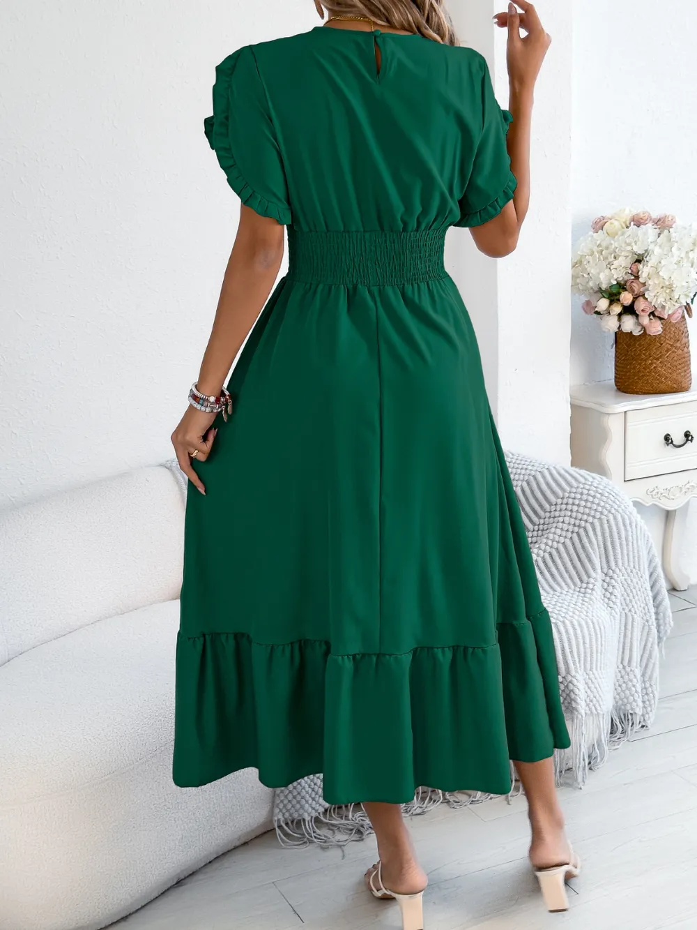 Smocked Frill Round Neck Midi Dress, image 11