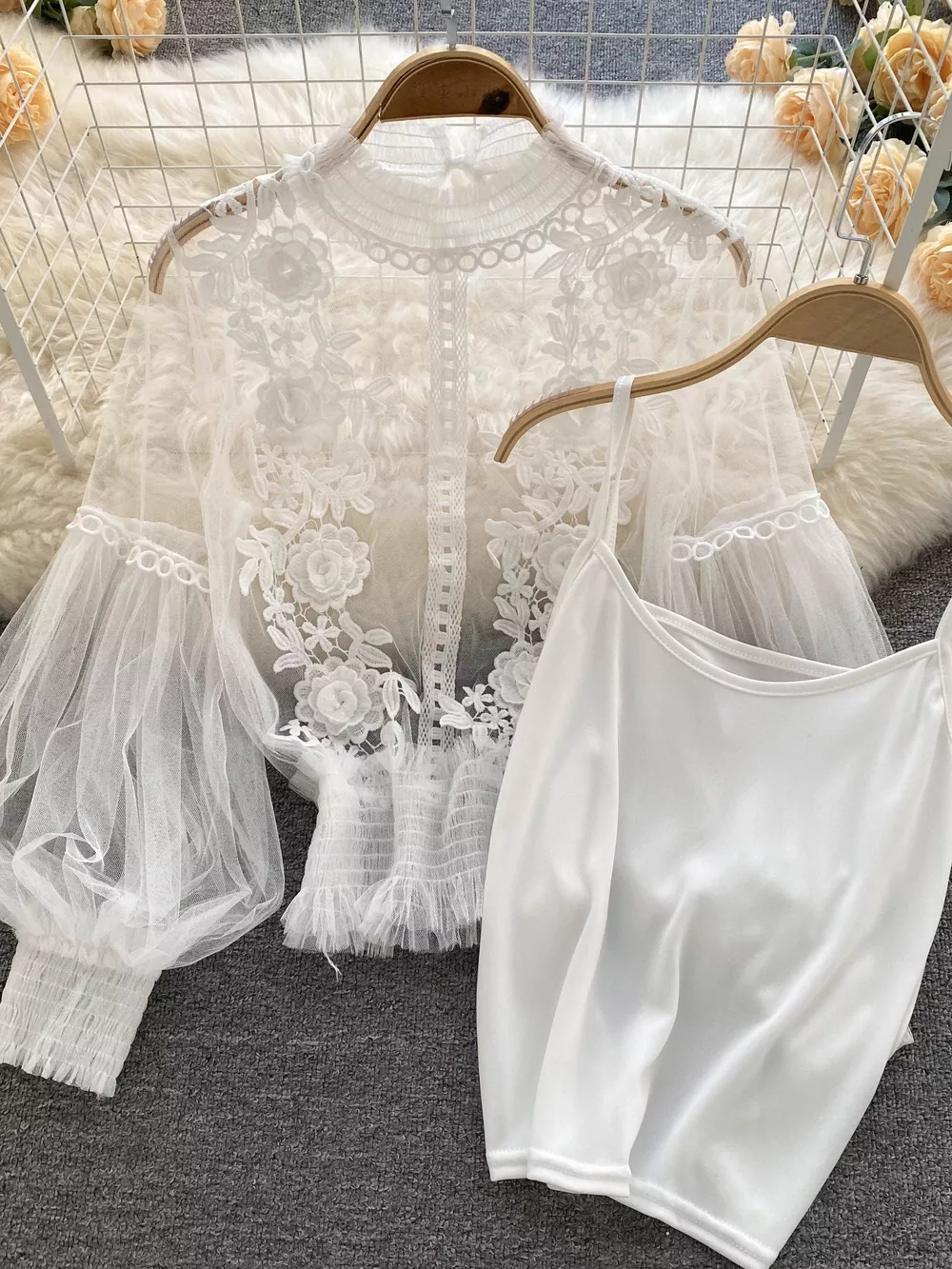 Floral Lace Blouse & Cami Set, image 2