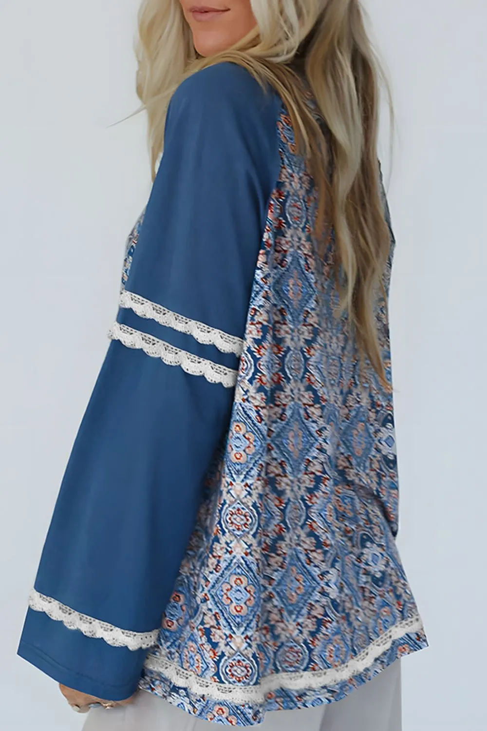 Lace Detail Geometric Round Neck Long Sleeve Top, image 6