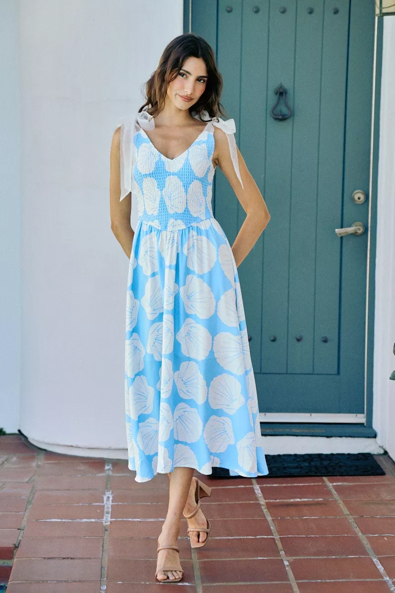 Shell Smocked Bodice Shoulder Tie Lined Midi Dress, image 6