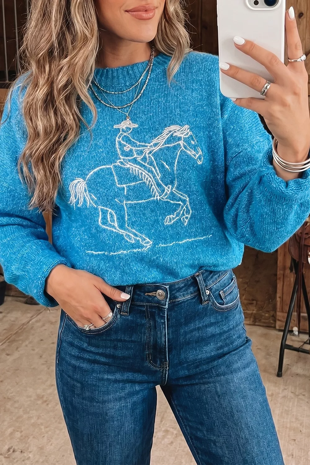 Western Embroidery Drop Shoulder Sweater, image 6