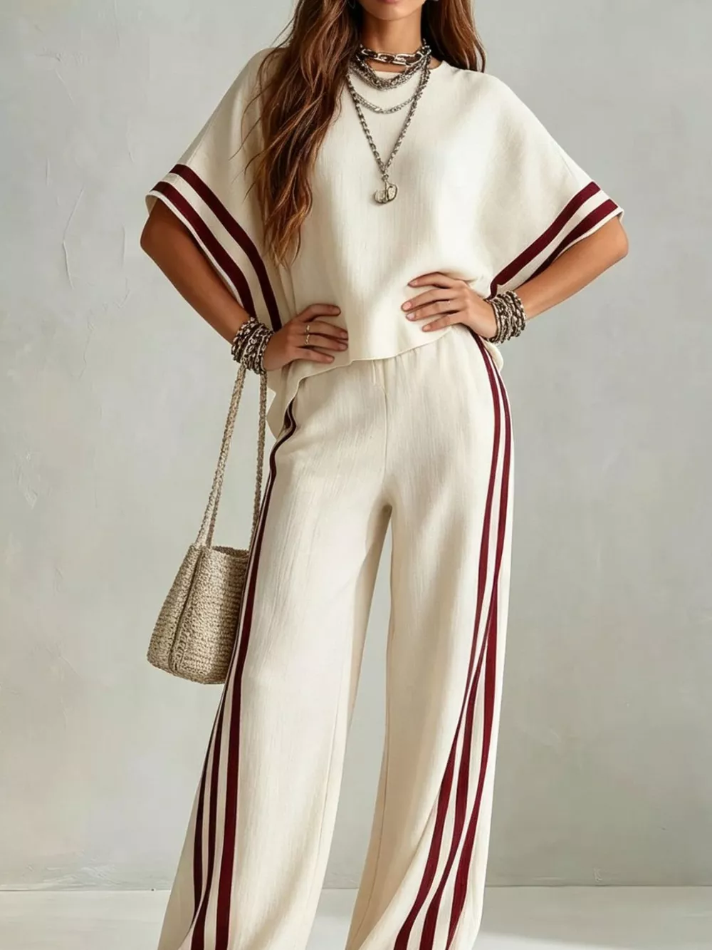 Full Size Striped 3/4 Sleeve Top and Pants Set Plus Size, image 10