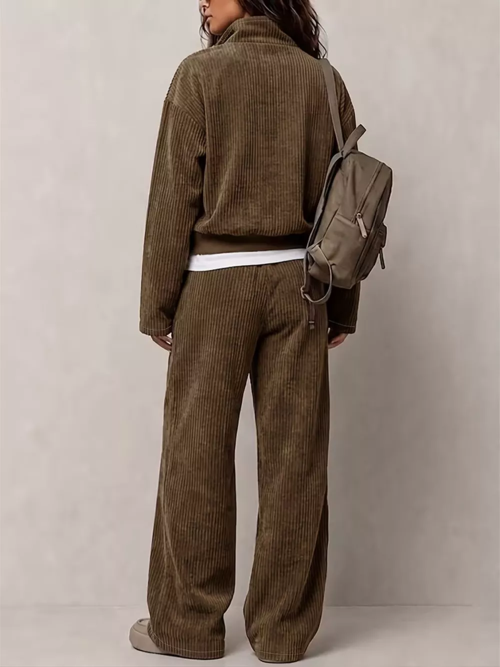 Corduroy Button Detail Top and Wide-Leg Pants Set, image 3