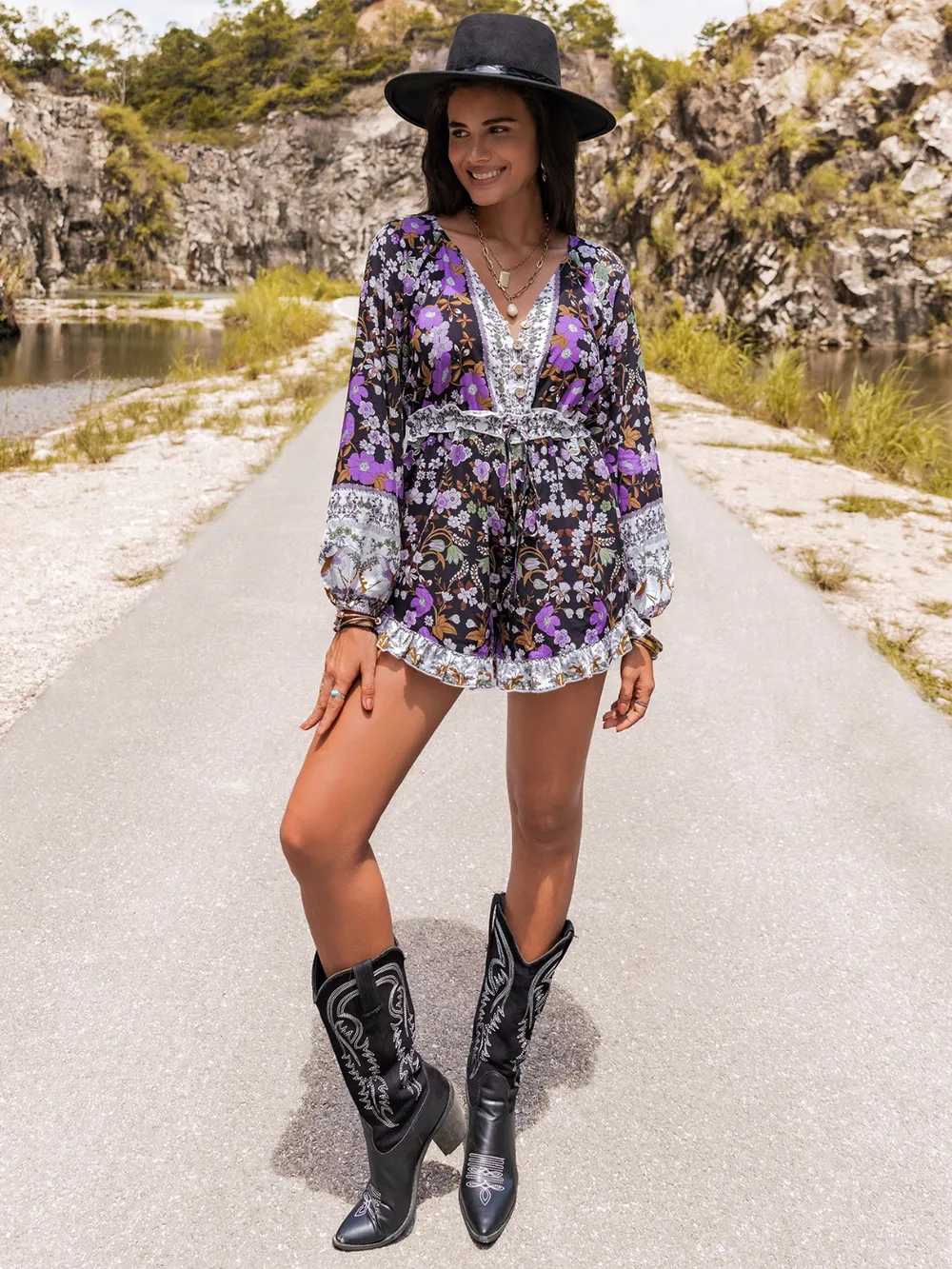 Printed Frill Half Button Balloon Sleeve Romper, image 6