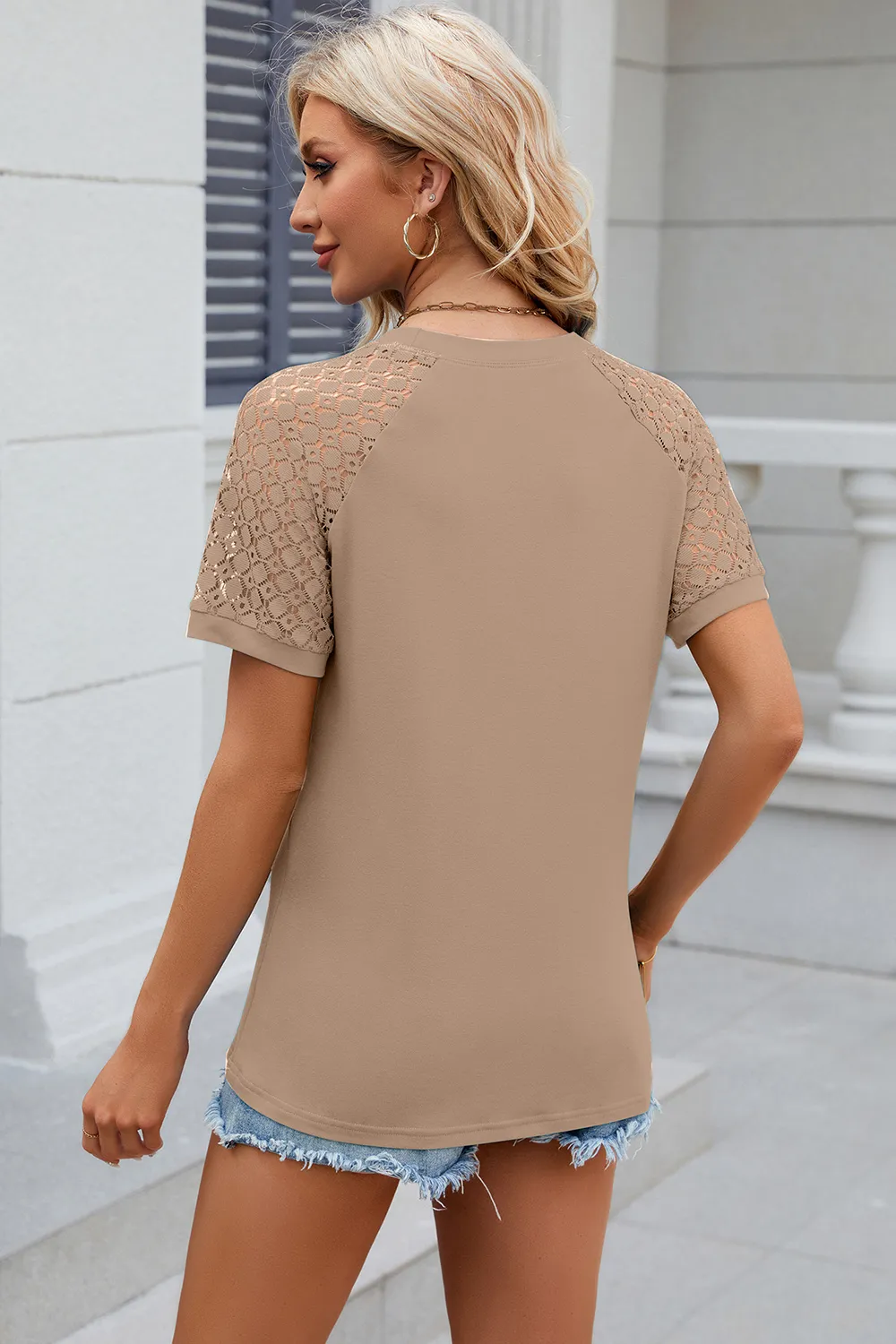 Openwork Round Neck Short Sleeve T-Shirt, image 26