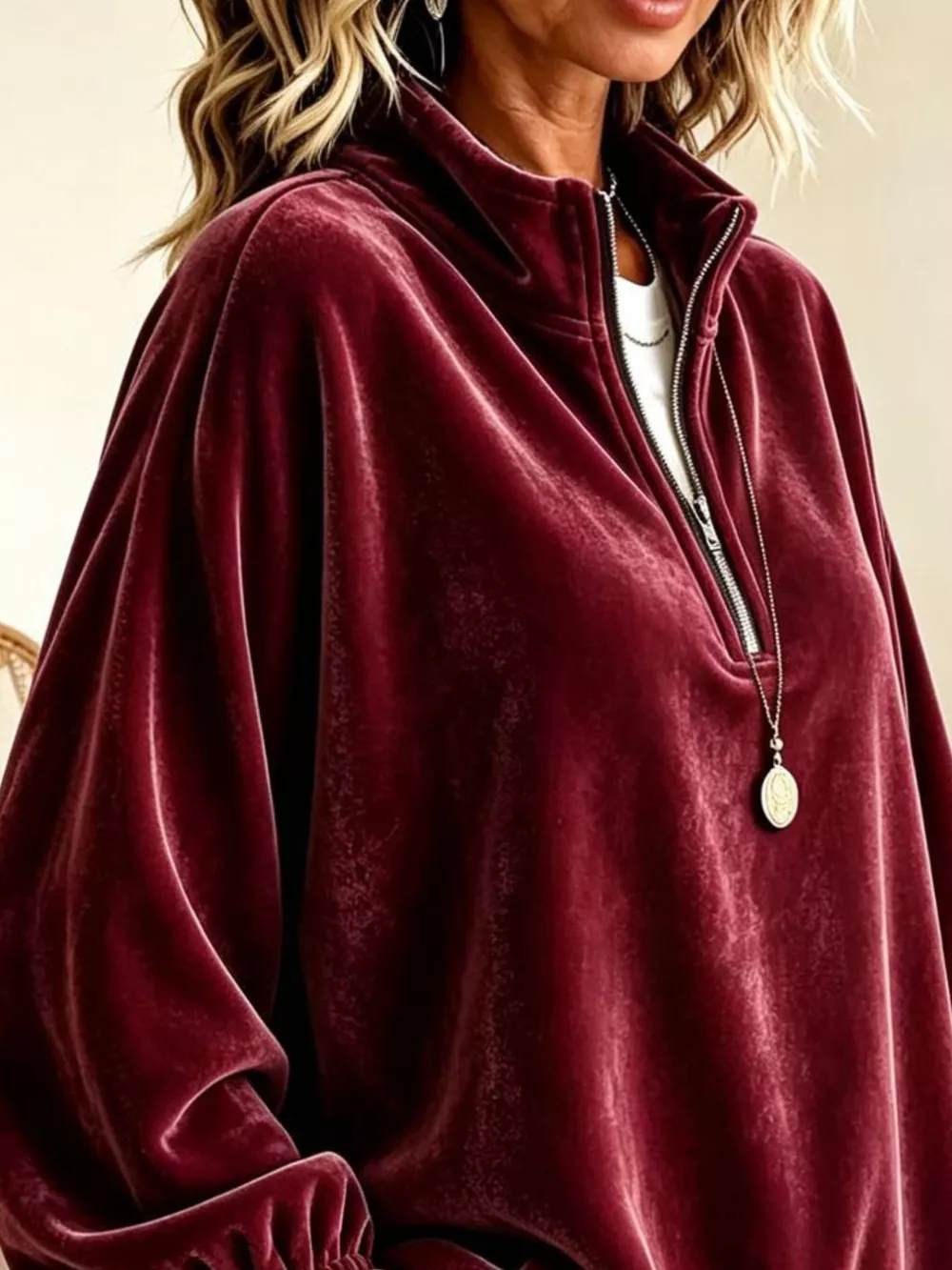 Velvet Quarter-Zip Sweatshirt with Ruffled Cuffs, image 2