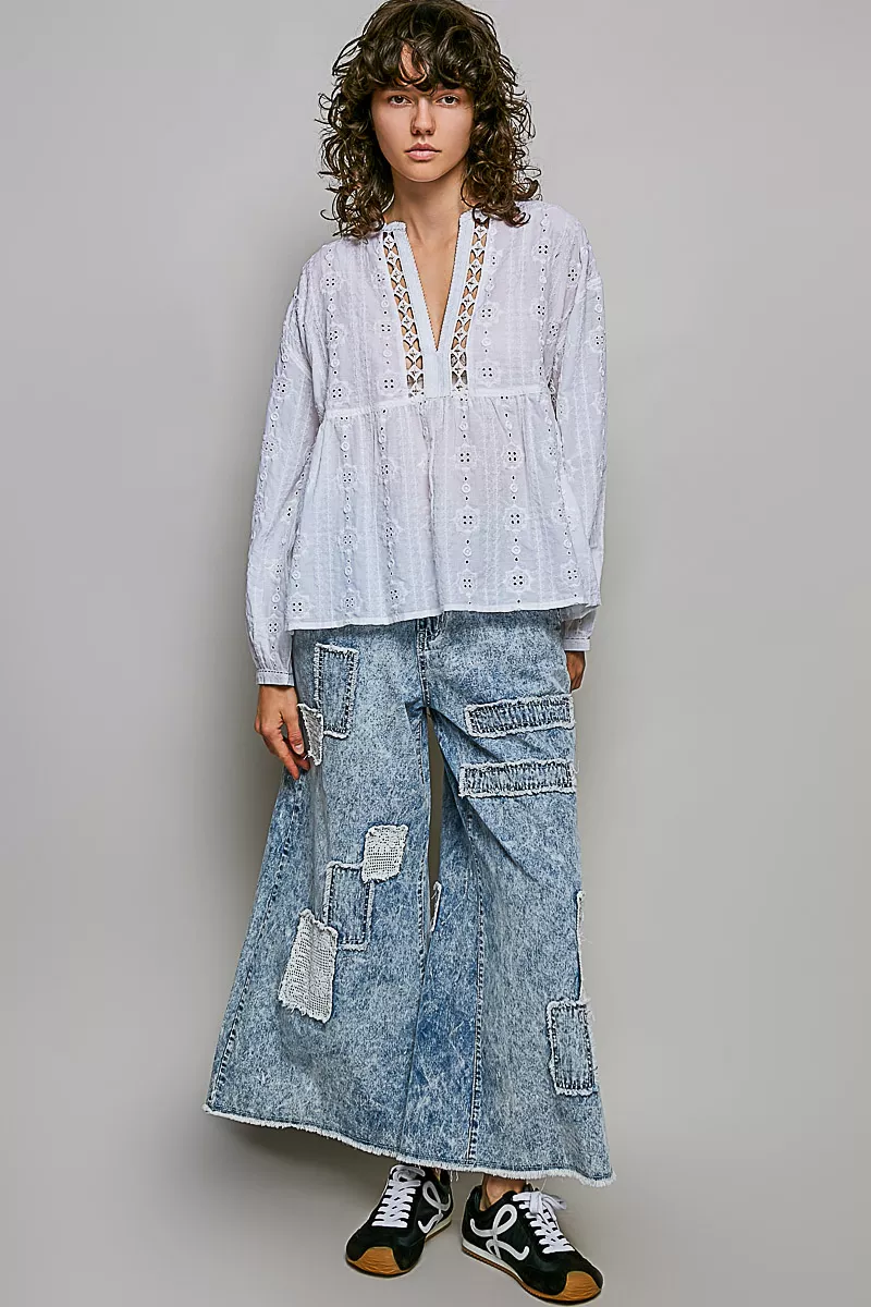 POL Lace Eyelet Long Sleeve Cotton Blouse, image 5
