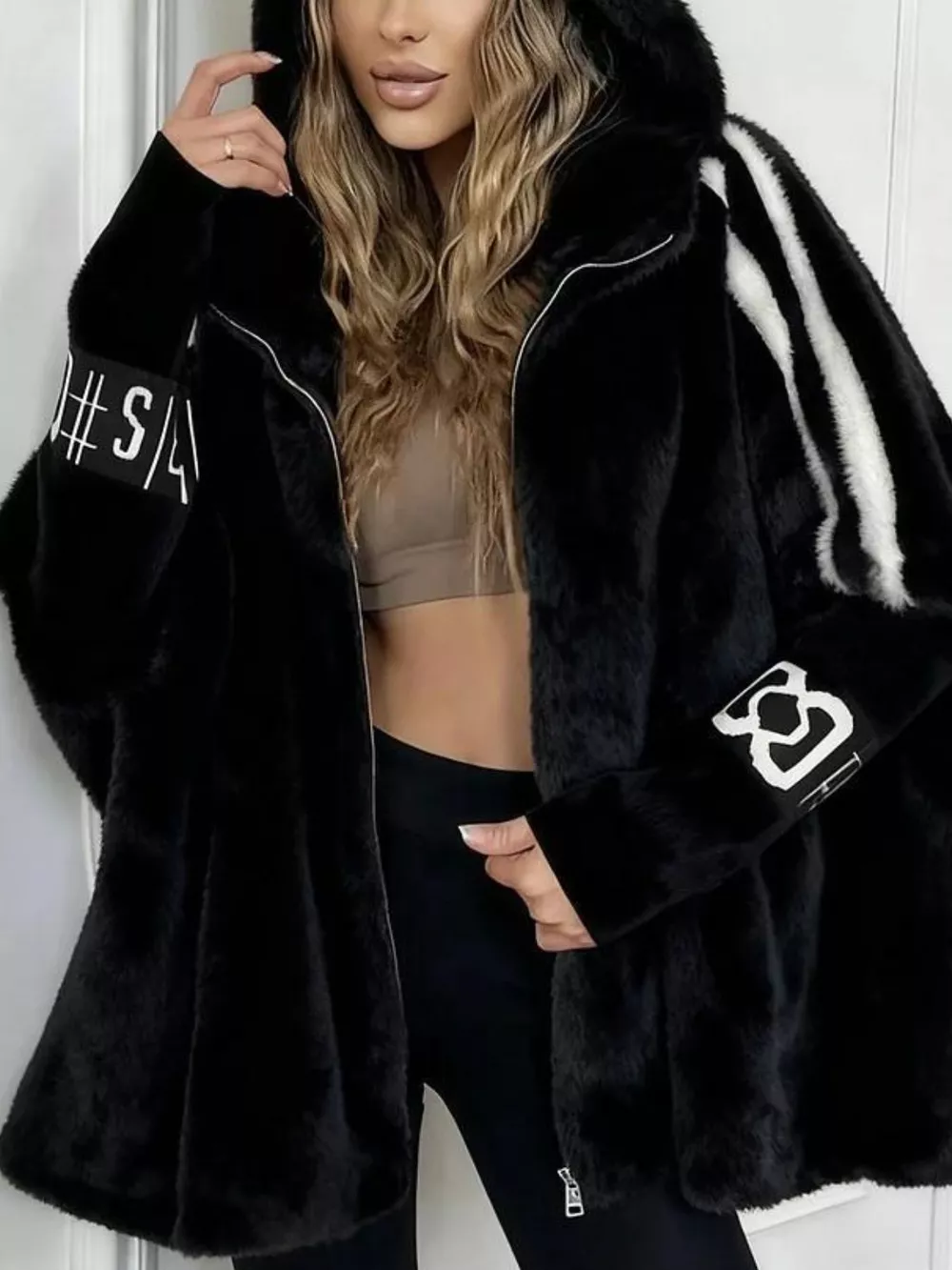 Hooded Faux Fur Striped Trim Outerwear, image 7