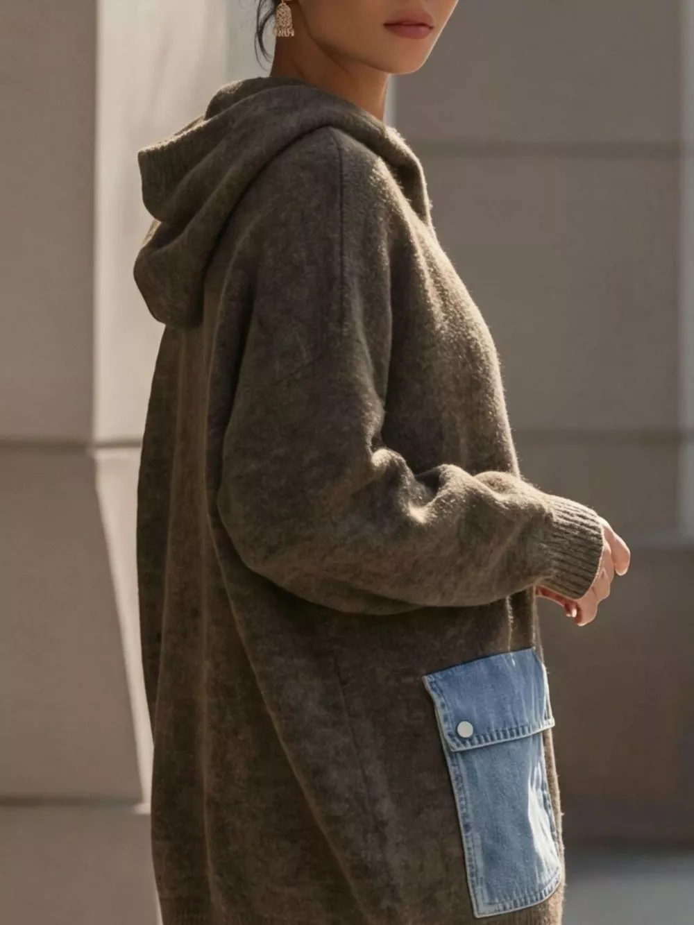 Contrast Denim Pockets Hooded Cardigan, image 7