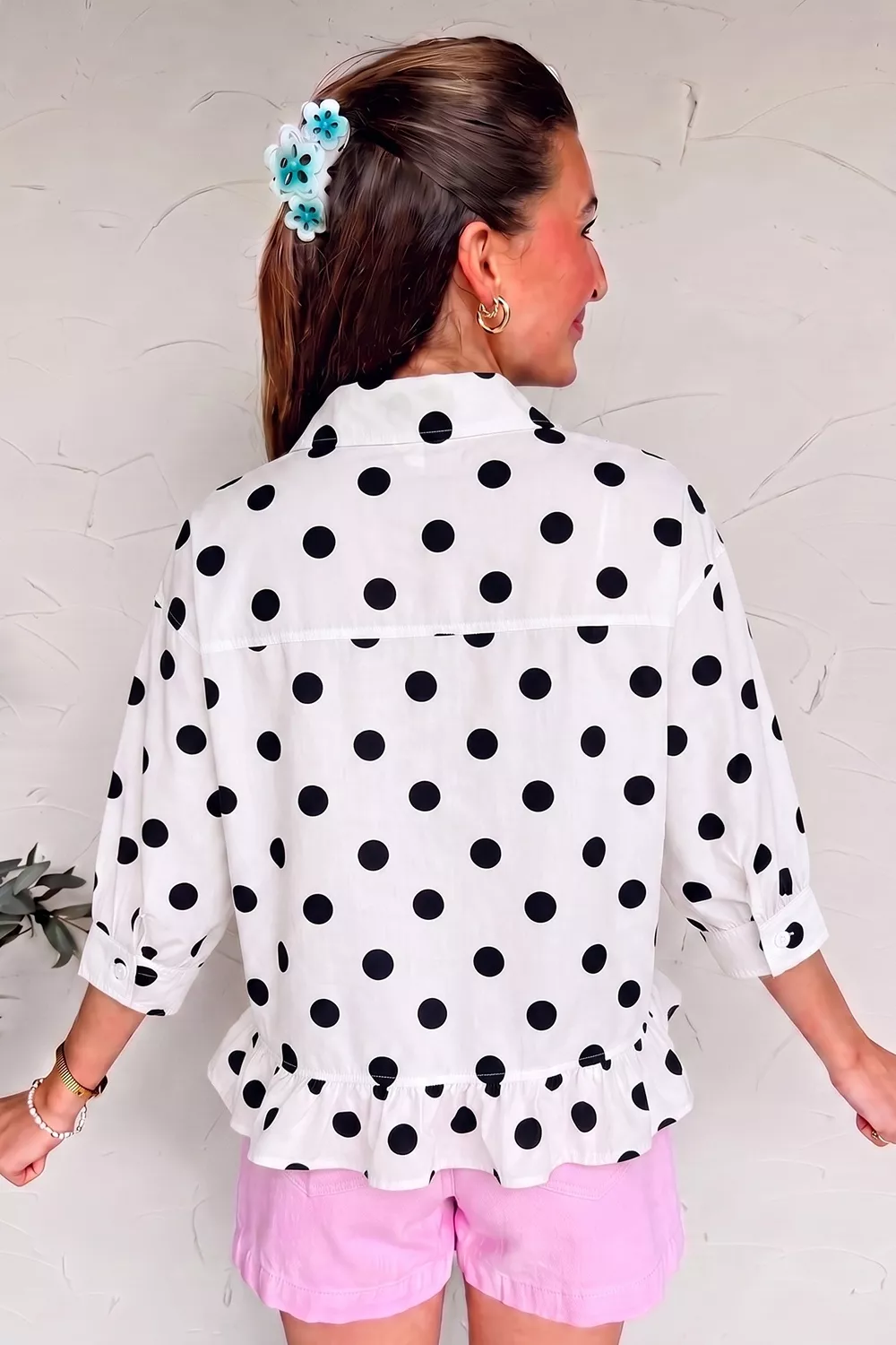 Polka Dot Print Three‑Quarter‑Sleeve Ruffle Hem Casual Shirt, image 3