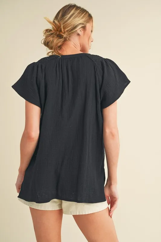Embroidered Trim Side Slit Notched Short Sleeve Blouse, image 5