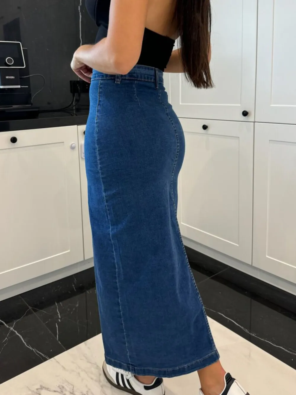 Front Button Slit Midi Denim Skirt, image 8