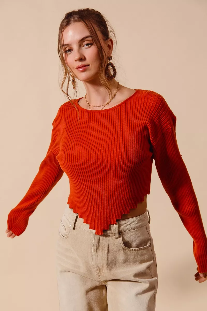 Rib Knitted Crop Sweater Top With Shaped Hem, image 2