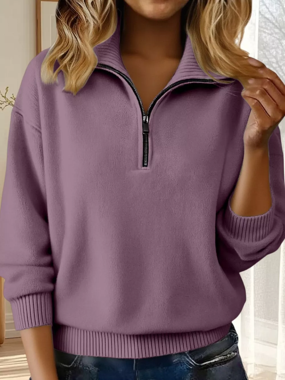 Full Size Half Zip Dropped Shoulder Sweater Plus Size, image 23