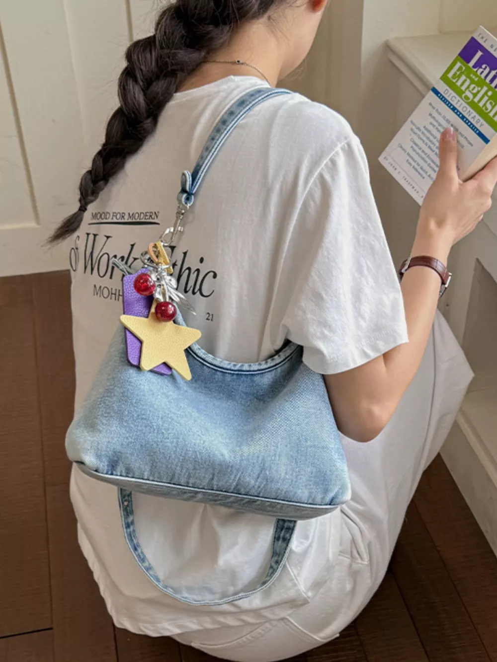 Star Charm Denim Shoulder Bag, image 2