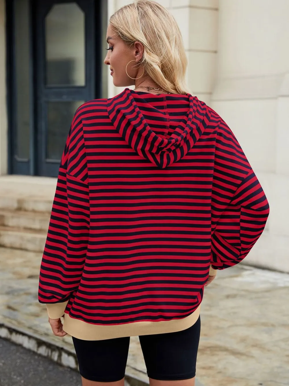 Drawstring Contrast Striped Long Sleeve Hoodie, image 15