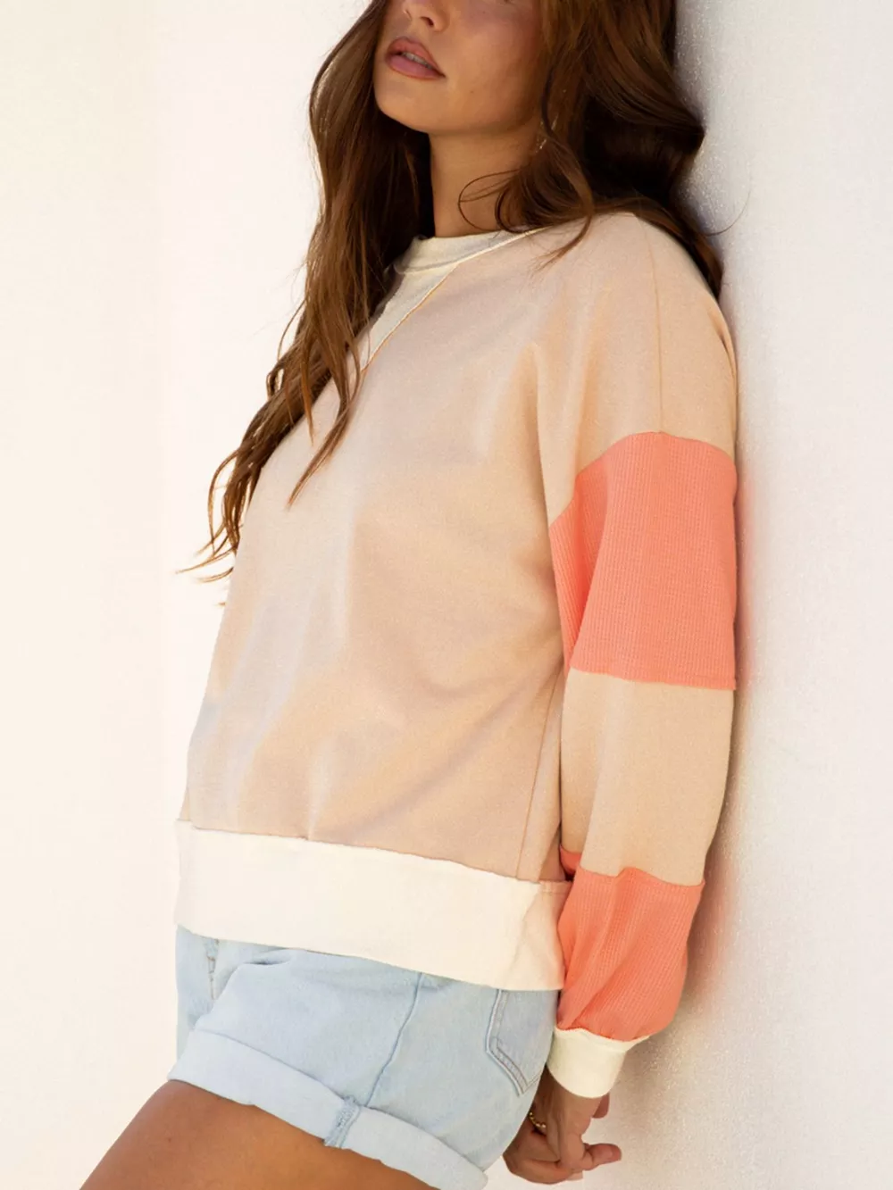 Color Block Textured Patchwork Pullover Sweatshirt, image 4