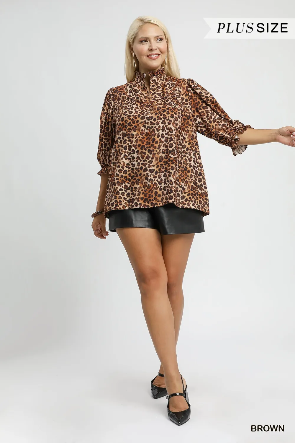 Full Size Leopard Print Ruffle Neck Blouse Plus Size, image 9