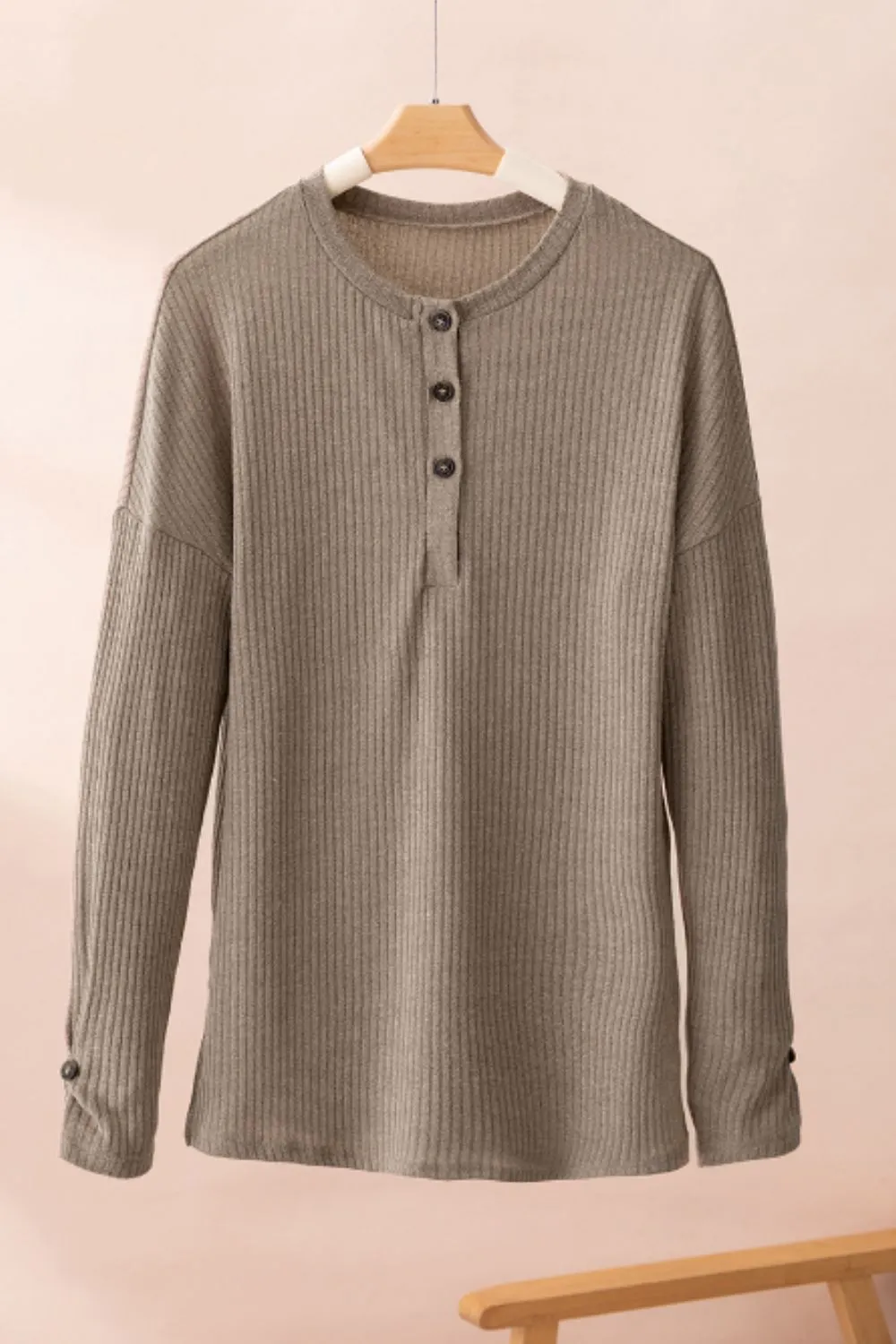 Quarter Button Round Neck Dropped Shoulder Knit Top, image 11