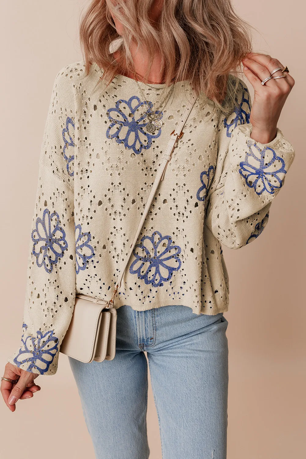Openwork Round Neck Long Sleeve Knit Top, image 6