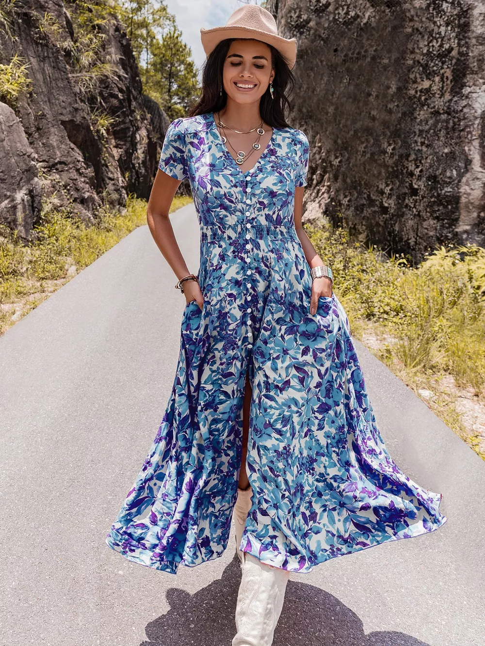 Floral Print V-Neck Slit Midi Dress, image 4