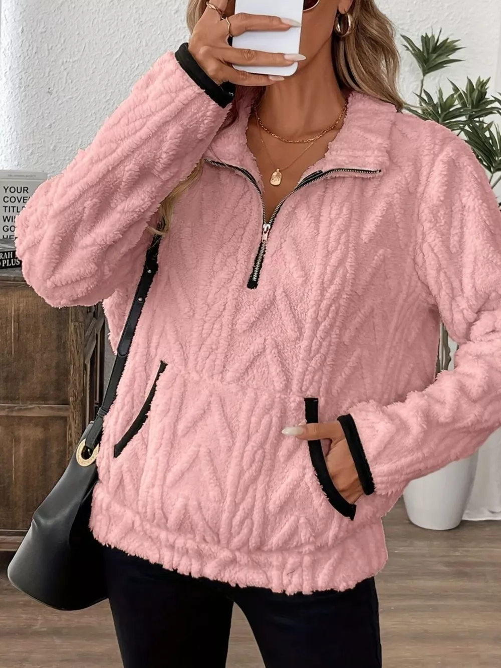 Full Size Half Zip Kangaroo Pocket Sweatshirt Plus Size, image 28