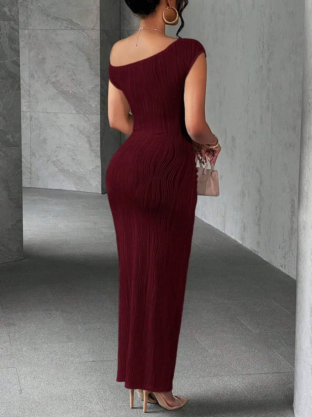 Textured Single Shoulder Maxi Dress, image 11
