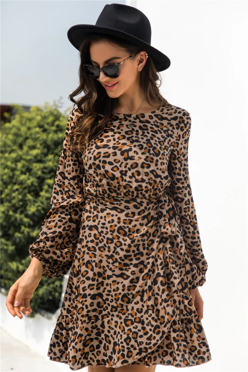 Animal Print Round Neck Balloon Sleeve Mini Dress, image 7
