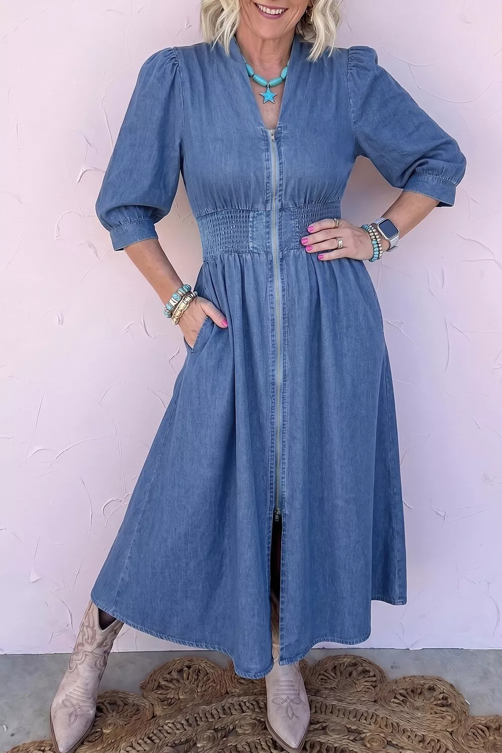 V Neck Shirred Waist Metal Zipper Denim Midi Dress, image 2