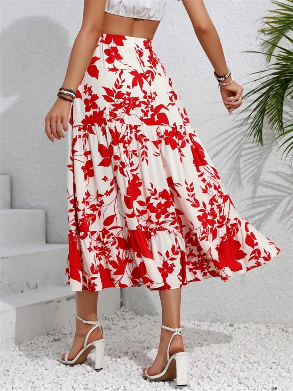 Ruffled Hem Printed Midi Skirt, image 3