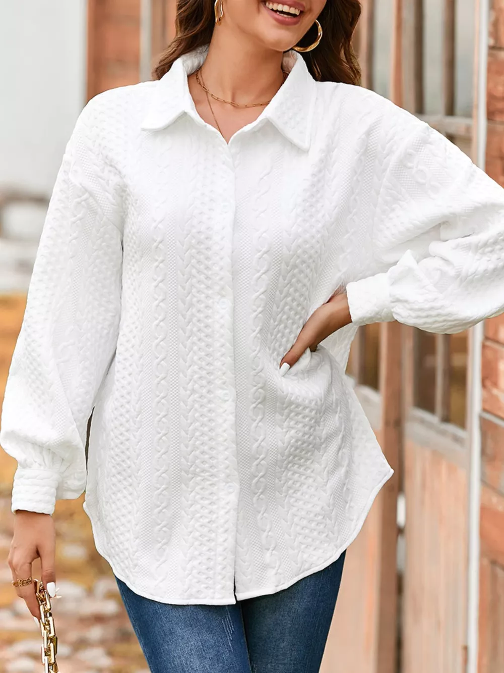 Cable Texture Puff Sleeve Loose Shacket, image 11