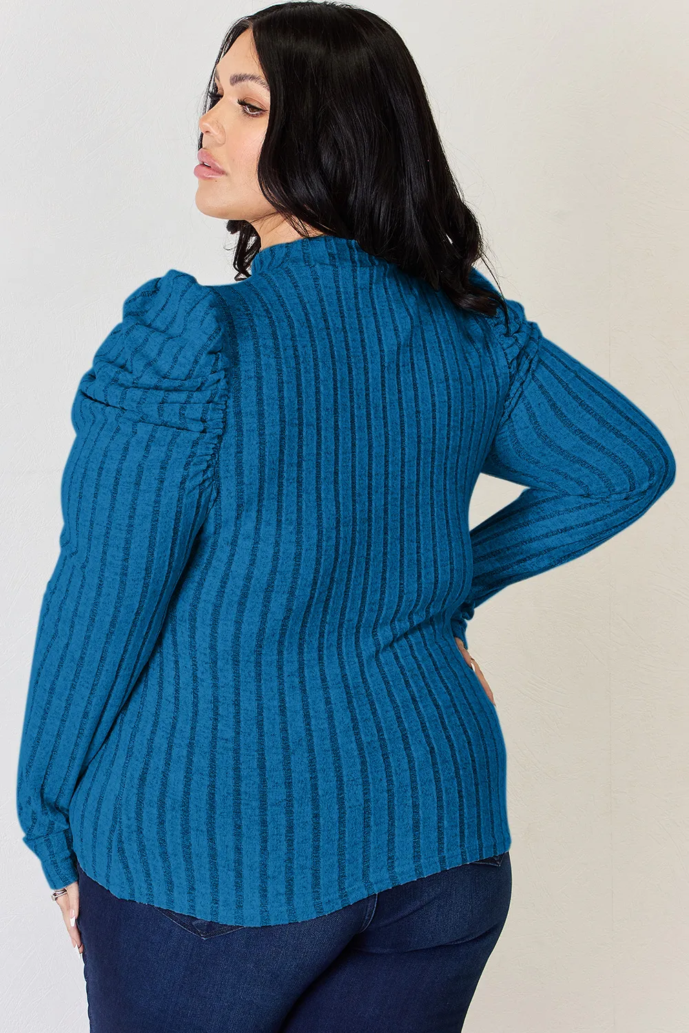 Full Size Ribbed Mock Neck Puff Sleeve T-Shirt, image 24